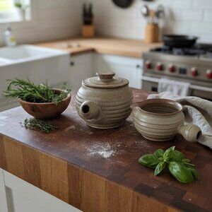Pair of Vintage Stoneware Crock With Lid and Gravy Boat